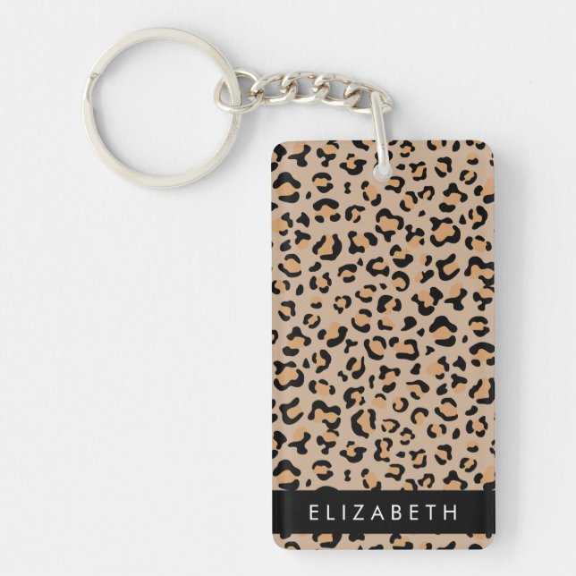 Leopard Print, Spots, Brown Leopard, Your Name Keychain (Front)