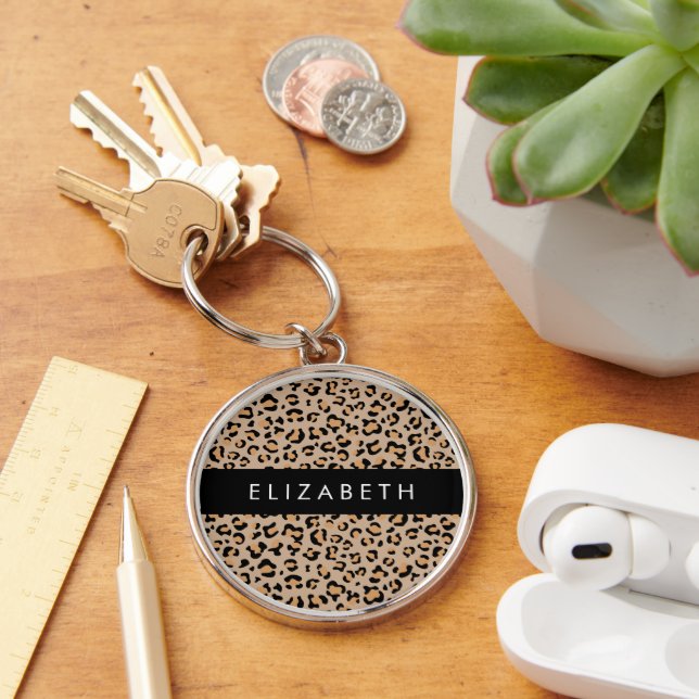 Leopard Print, Spots, Brown Leopard, Your Name Keychain (Desk)