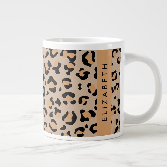 Leopard Print, Spots, Brown Leopard, Your Name Large Coffee Mug (Right)