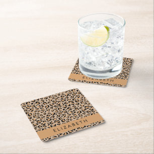 Leopard Print, Spots, Brown Leopard, Your Name Square Paper Coaster