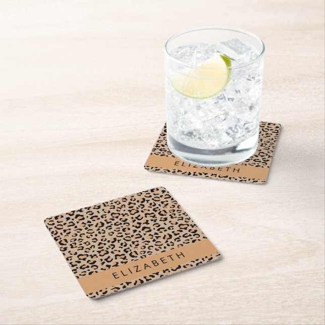 Leopard Print, Spots, Brown Leopard, Your Name Square Paper Coaster (Insitu)