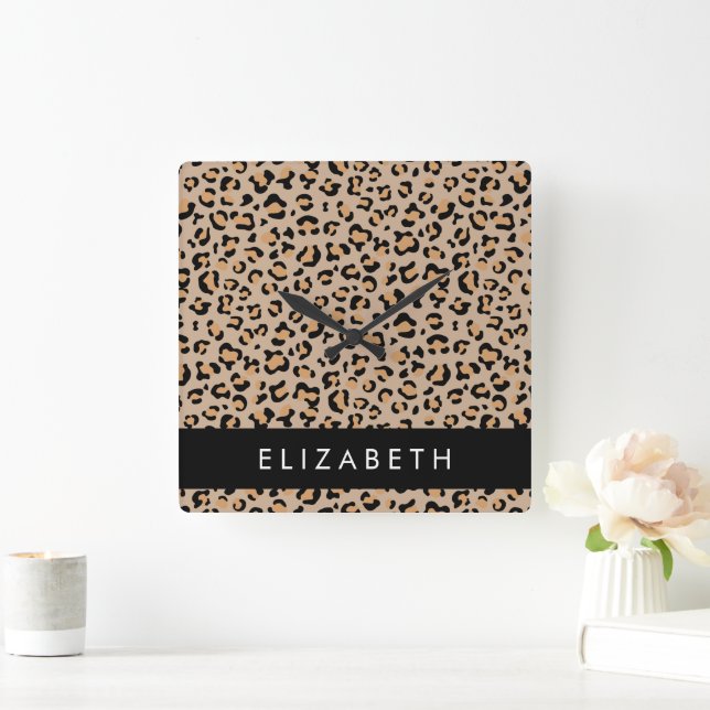 Leopard Print, Spots, Brown Leopard, Your Name Square Wall Clock (Home)