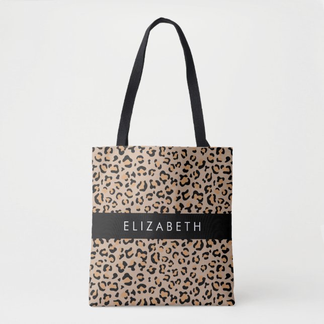 Leopard Print, Spots, Brown Leopard, Your Name Tote Bag (Front)