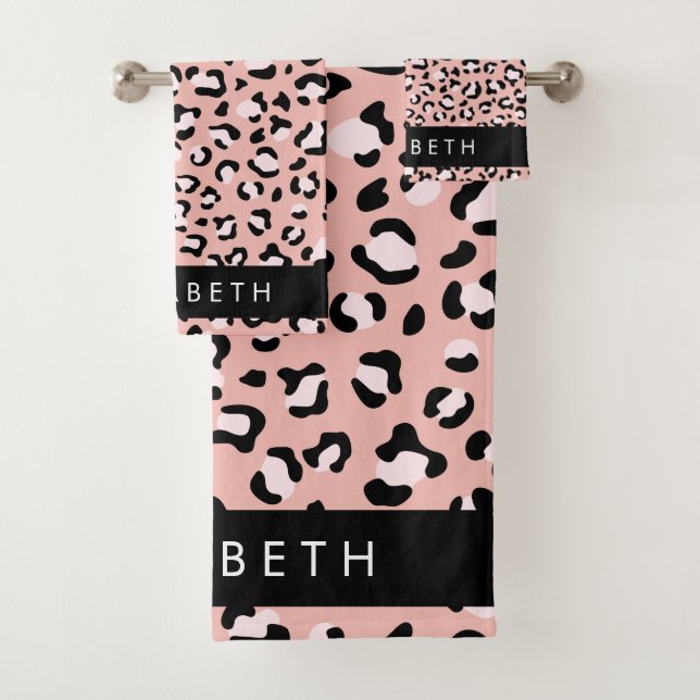 Leopard Print, Spots, Pink Leopard, Your Name Bath Towel Set (Insitu)
