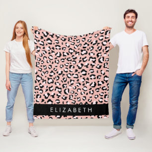 Leopard Print, Spots, Pink Leopard, Your Name Fleece Blanket