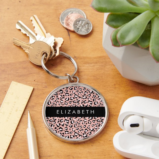 Leopard Print, Spots, Pink Leopard, Your Name Keychain (Desk)