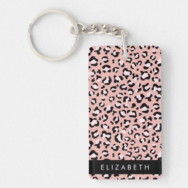 Leopard Print, Spots, Pink Leopard, Your Name Keychain (Front)