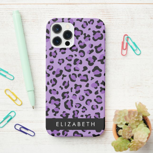 Leopard Print, Spots, Purple Leopard, Your Name iPhone Case (On Desk)