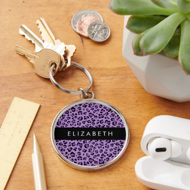 Leopard Print, Spots, Purple Leopard, Your Name Keychain (Desk)