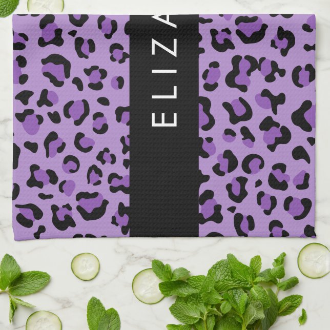 Leopard Print, Spots, Purple Leopard, Your Name Kitchen Towel (Folded)