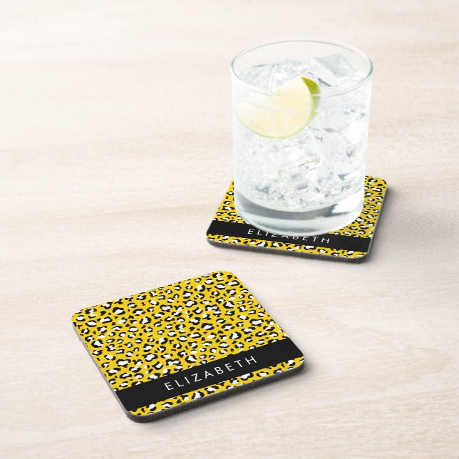 Leopard Print, Spots, Yellow Leopard, Your Name Coaster (Right Side)