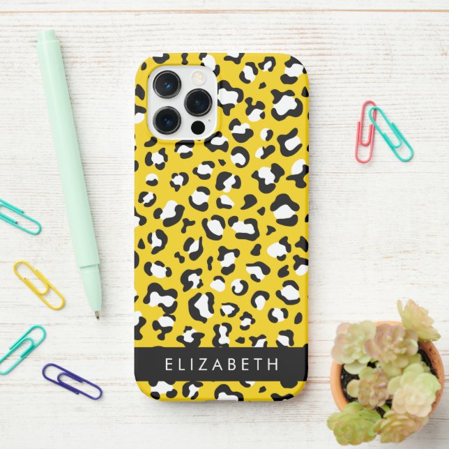 Leopard Print, Spots, Yellow Leopard, Your Name iPhone Case (On Desk)