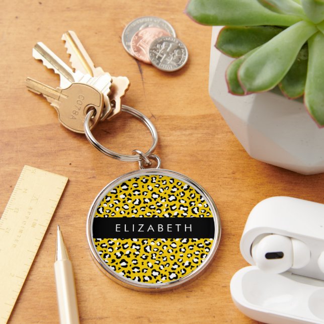 Leopard Print, Spots, Yellow Leopard, Your Name Keychain (Desk)