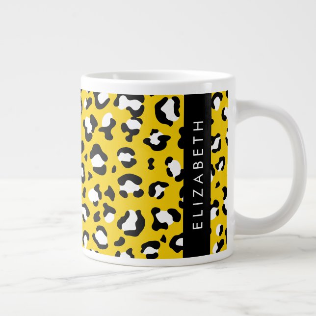 Leopard Print, Spots, Yellow Leopard, Your Name Large Coffee Mug (Right)