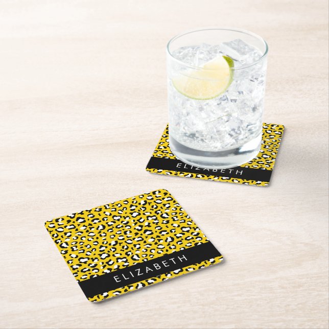 Leopard Print, Spots, Yellow Leopard, Your Name Square Paper Coaster (Insitu)