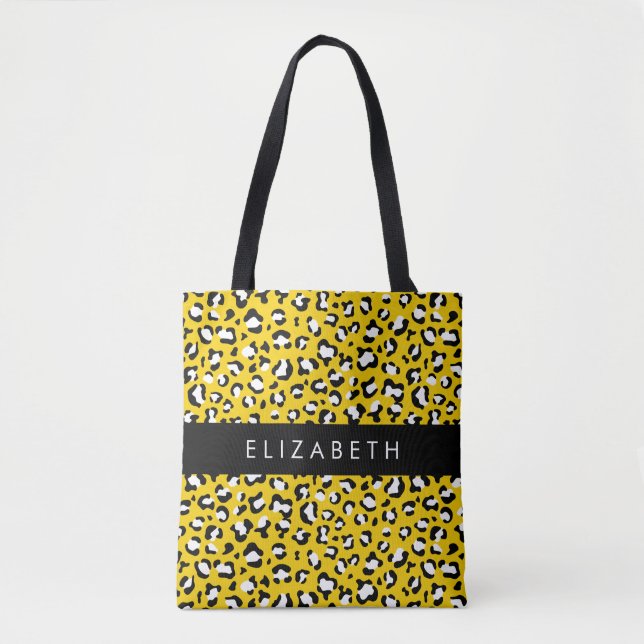 Leopard Print, Spots, Yellow Leopard, Your Name Tote Bag (Front)