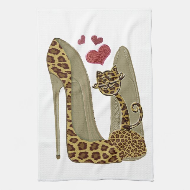 Leopard print Stiletto Shoes and Cute Cat Hearts Kitchen Towel (Vertical)