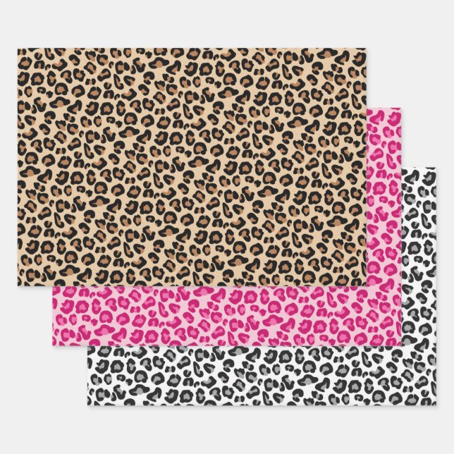 Leopard Print, Tan, Pink, Black & White Wrapping Paper Sheet (Set)