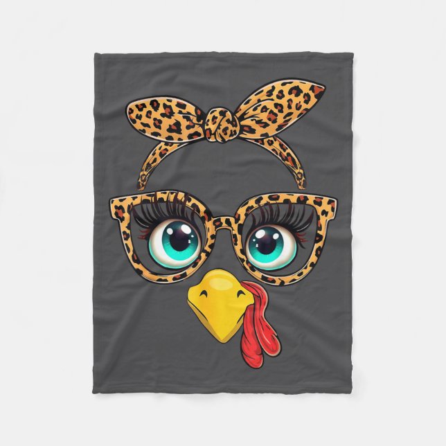 Leopard Print Thanksgiving Funny Turkey Face Gles  Fleece Blanket (Front)