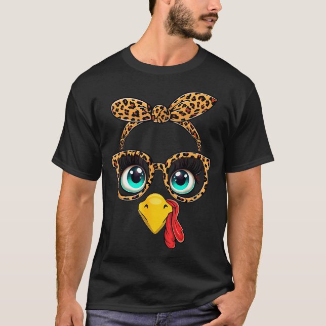 Leopard Print Thanksgiving Funny Turkey Face Gles  T-Shirt (Front)