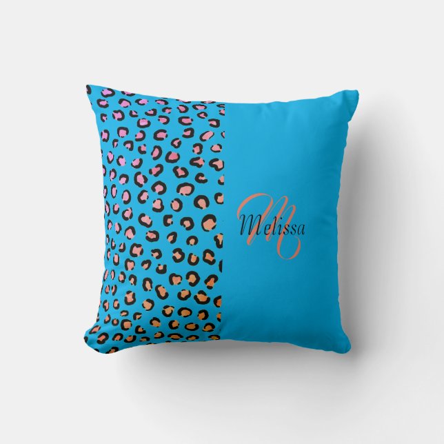 Leopard Print Two Tone Amethyst Blue Name Monogram Throw Pillow (Front)