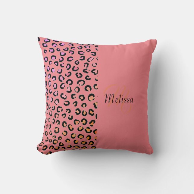 Leopard Print Two Tone Blush Pink Name Monogram  Throw Pillow (Front)
