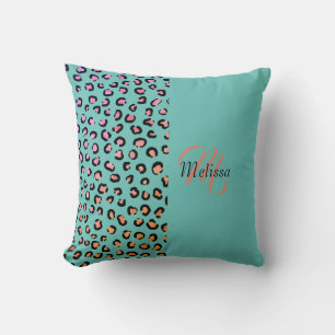Leopard Print Two Tone Teal Turquoise Name Monogra Throw Pillow