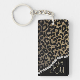 Leopard Print w/ Diamonds Monogram Keychain