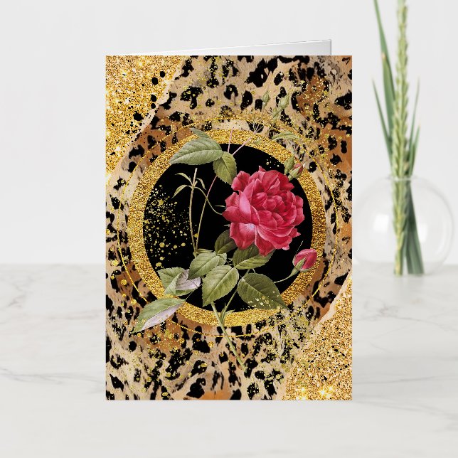 leopard print with roses and gold glitter foil greeting card (Front)