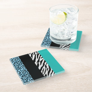 Leopard Print, Zebra Print, Animal Print, Blue Glass Coaster