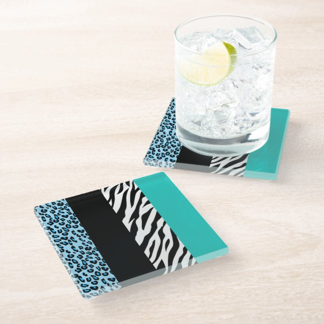 Leopard Print, Zebra Print, Animal Print, Blue Glass Coaster (Angled)