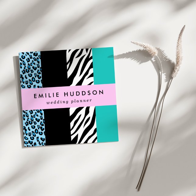 Leopard Print, Zebra Print, Animal Print, Blue Square Business Card (Creator Uploaded)