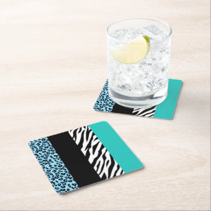 Leopard Print, Zebra Print, Animal Print, Blue Square Paper Coaster
