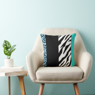 Leopard Print, Zebra Print, Animal Print, Blue Throw Pillow