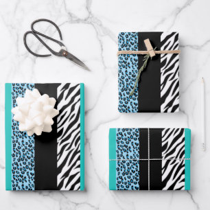 Leopard Print, Zebra Print, Animal Print, Blue Wrapping Paper Sheet