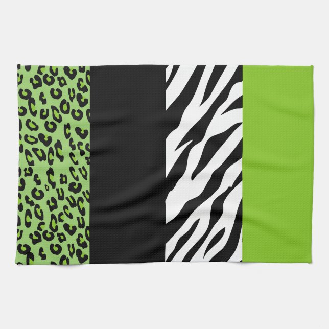 Leopard Print, Zebra Print, Animal Print, Green Kitchen Towel (Horizontal)