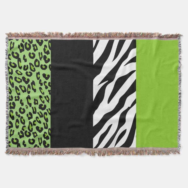 Leopard Print, Zebra Print, Animal Print, Green Throw Blanket (Front)