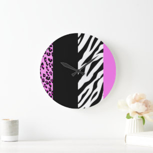 Leopard Print, Zebra Print, Animal Print, Pink Large Clock