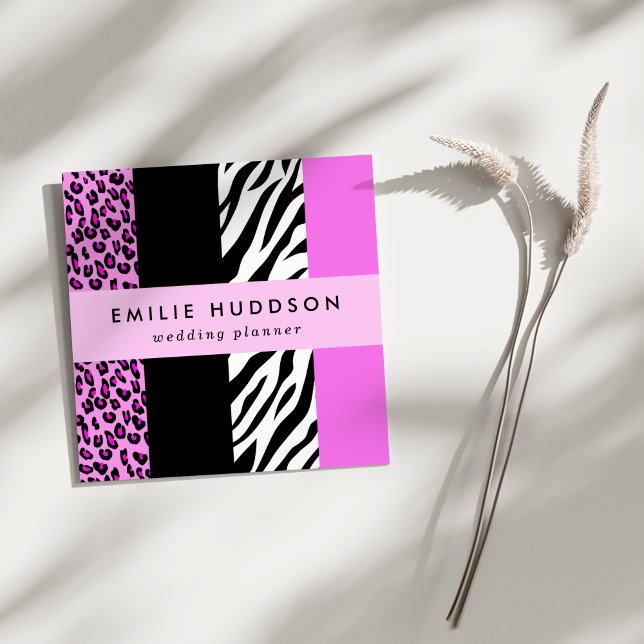 Leopard Print, Zebra Print, Animal Print, Pink Square Business Card (Creator Uploaded)