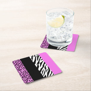 Leopard Print, Zebra Print, Animal Print, Pink Square Paper Coaster