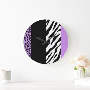 Leopard Print, Zebra Print, Animal Print, Purple Large Clock