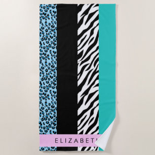 Leopard Print, Zebra Print, Blue, Your Name Beach Towel