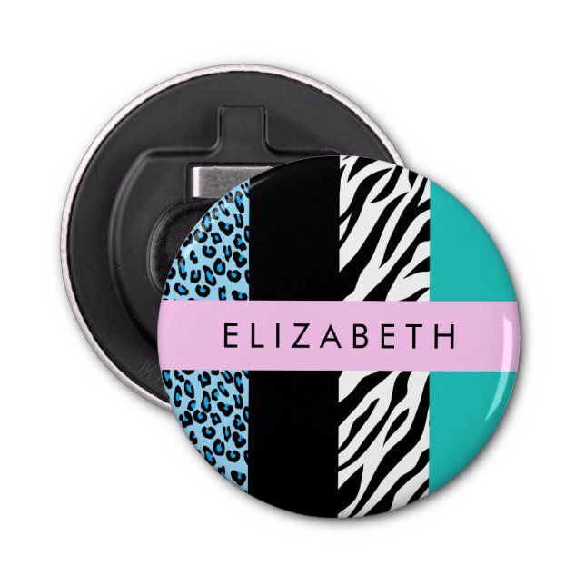 Leopard Print, Zebra Print, Blue, Your Name Bottle Opener (Front)