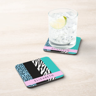 Leopard Print, Zebra Print, Blue, Your Name Coaster