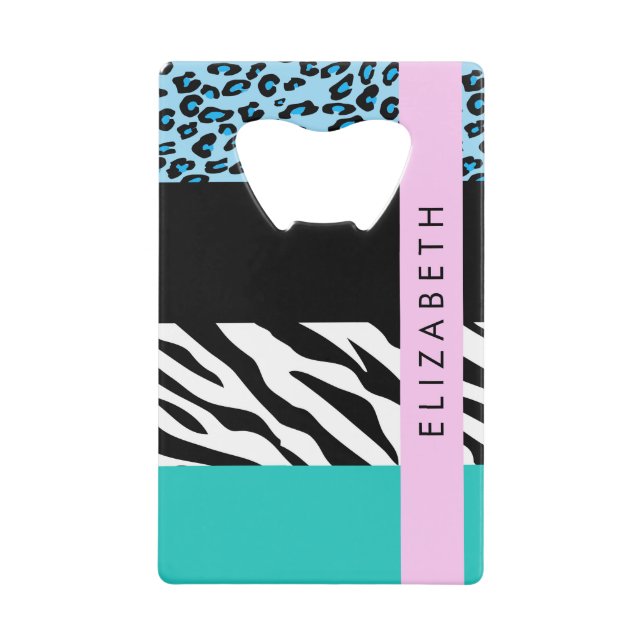 Leopard Print, Zebra Print, Blue, Your Name Credit Card Bottle Opener (Front)