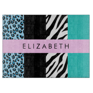 Leopard Print, Zebra Print, Blue, Your Name Cutting Board