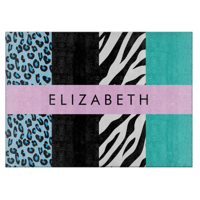 Leopard Print, Zebra Print, Blue, Your Name Cutting Board (Front)