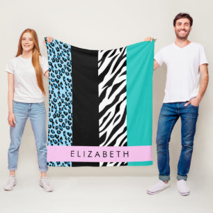 Leopard Print, Zebra Print, Blue, Your Name Fleece Blanket