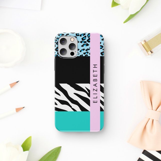 Leopard Print, Zebra Print, Blue, Your Name iPhone 16 Case (Creator Uploaded)