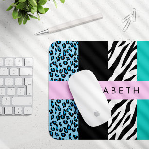 Leopard Print, Zebra Print, Blue, Your Name Mouse Pad